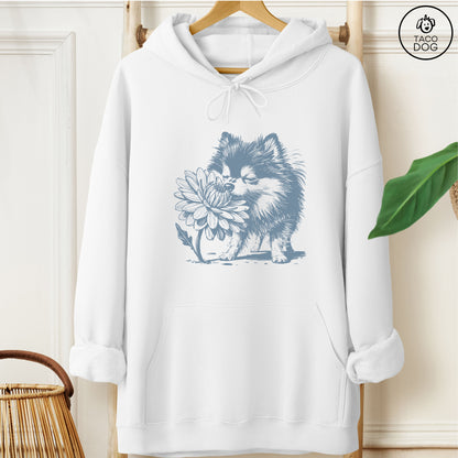 Pomeranian Smell the Flowers Hoodie White Taco-Dog