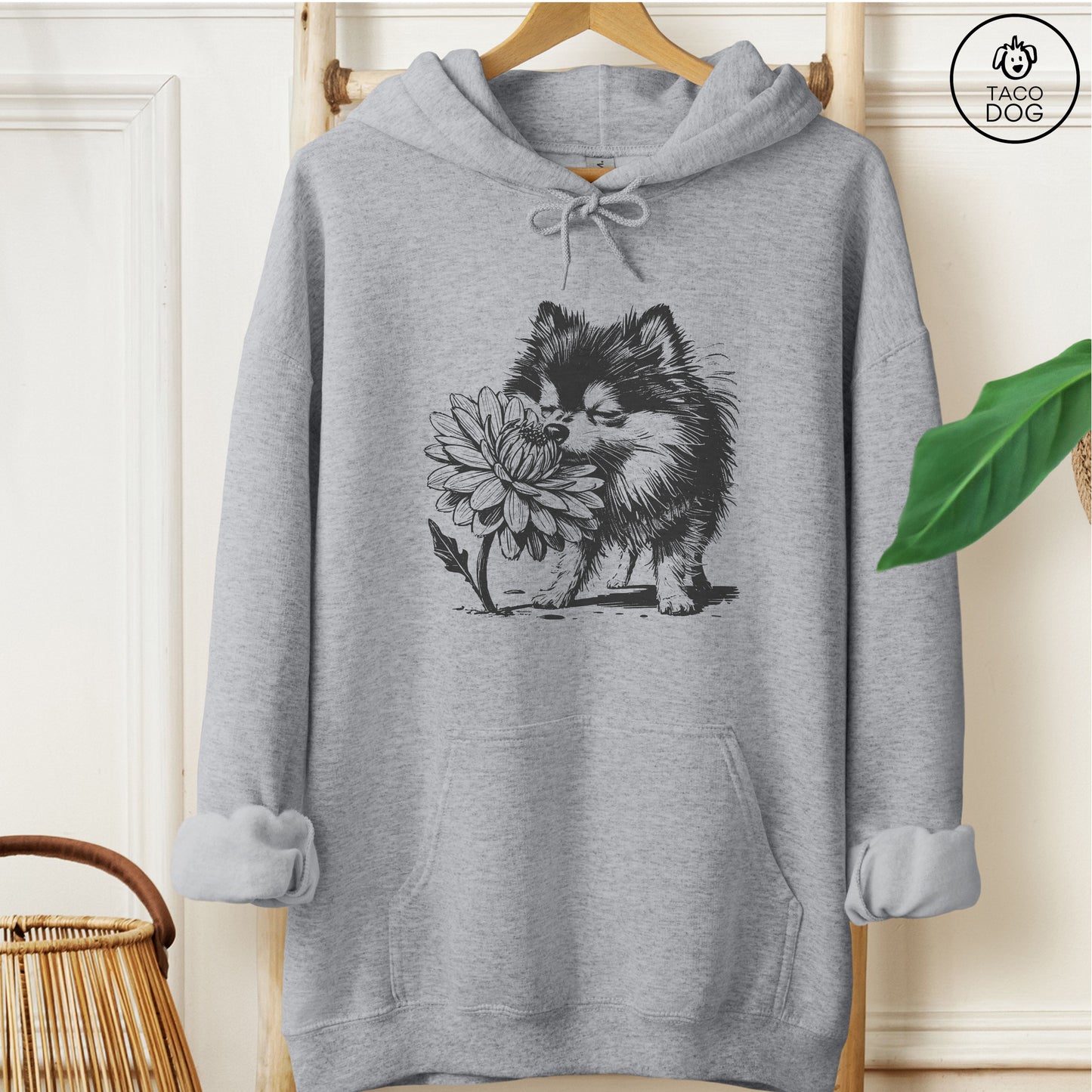 Pomeranian Smell the Flowers Hoodie Graphite Heather Taco-Dog