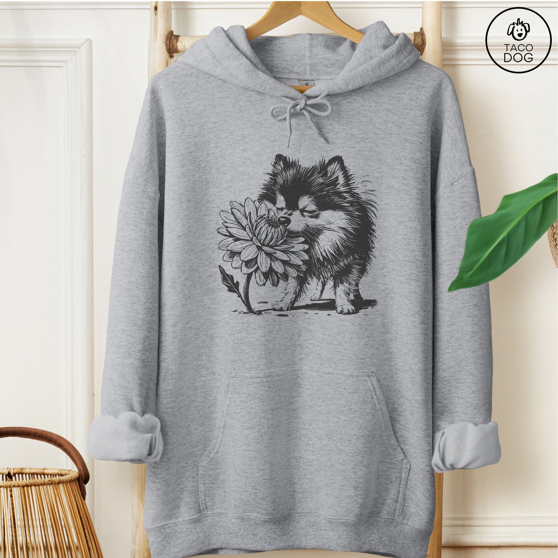 Pomeranian Smell the Flowers Hoodie Graphite Heather Taco-Dog