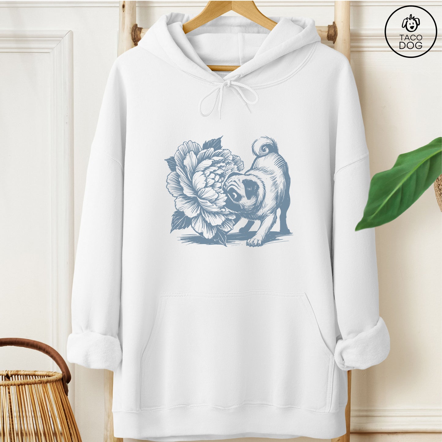 Pug Smell the Flowers Hoodie White Taco-Dog