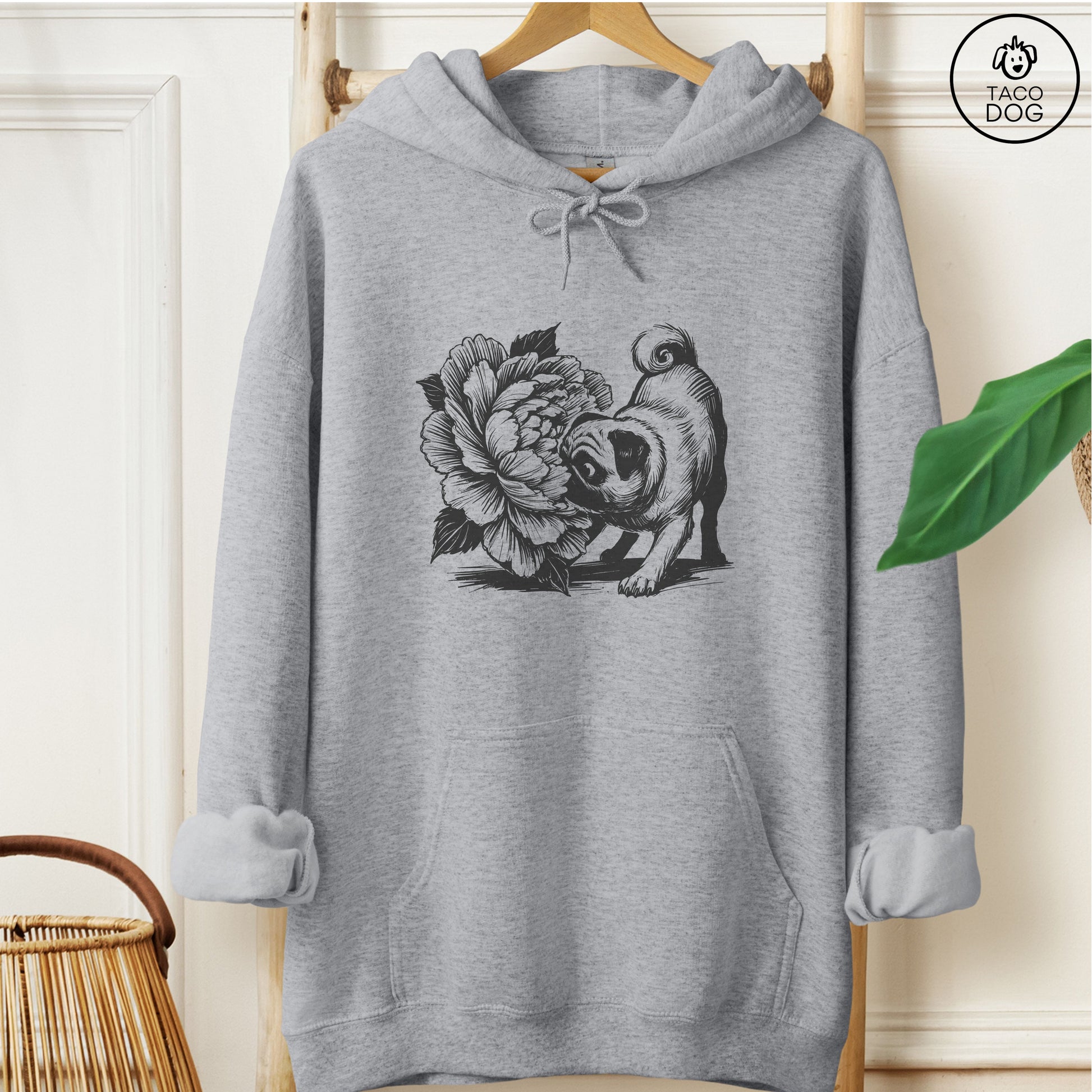 Pug Smell the Flowers Hoodie Graphite Heather Taco-Dog