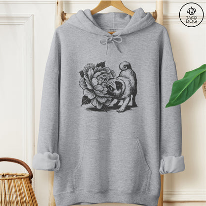 Pug Smell the Flowers Hoodie Graphite Heather Taco-Dog