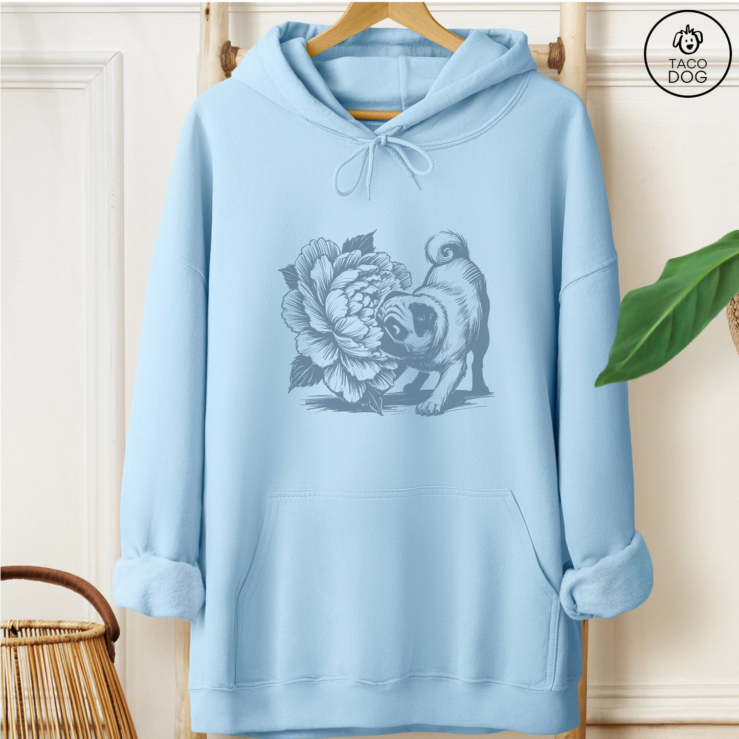 Pug Smell the Flowers Hoodie Light Blue Taco-Dog