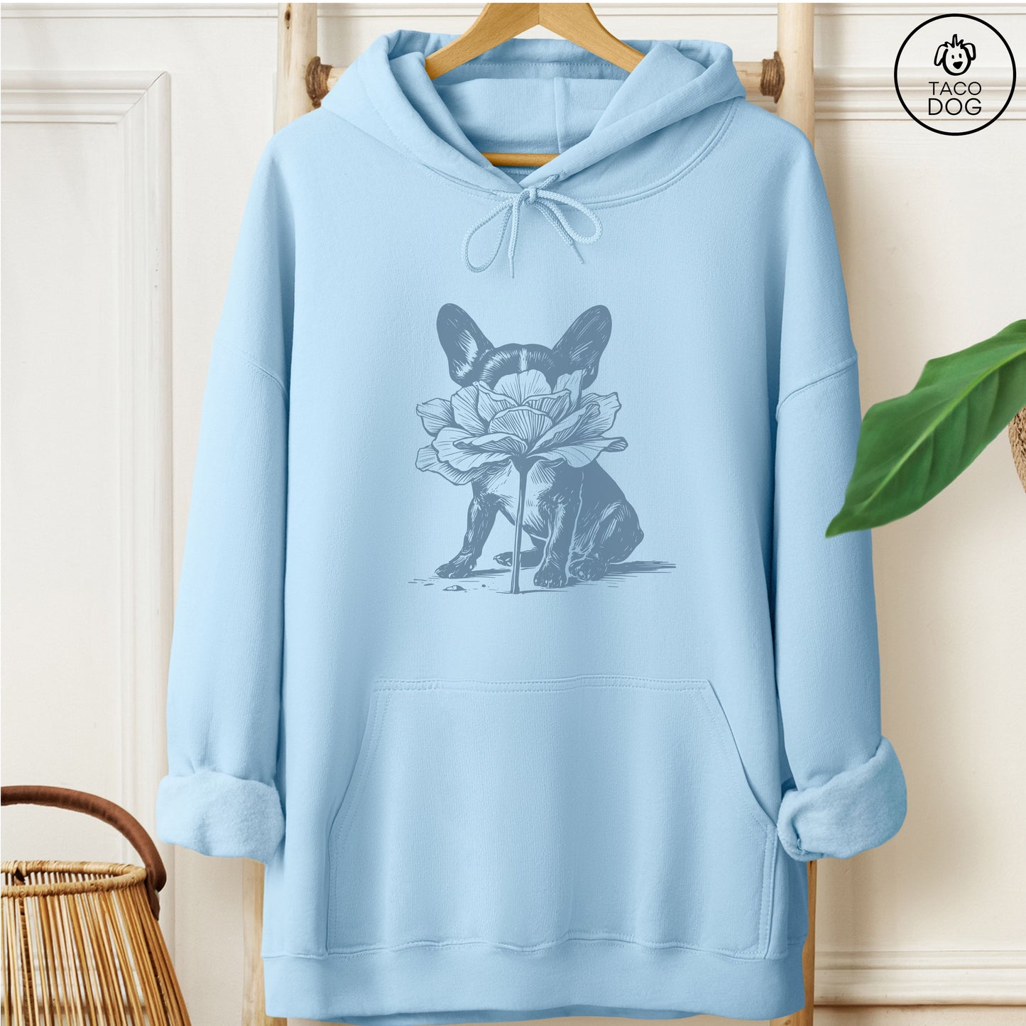 French Bulldog Frenchie Smell the Flowers Hoodie Light Blue Taco-Dog