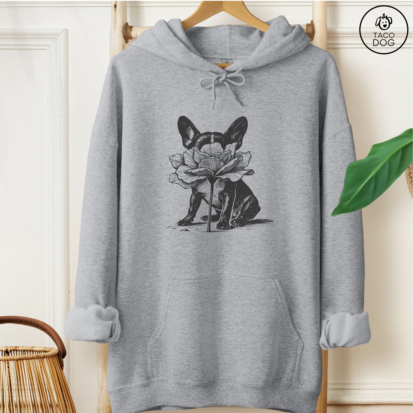 French Bulldog Frenchie Smell the Flowers Hoodie Graphite Heather Taco-Dog