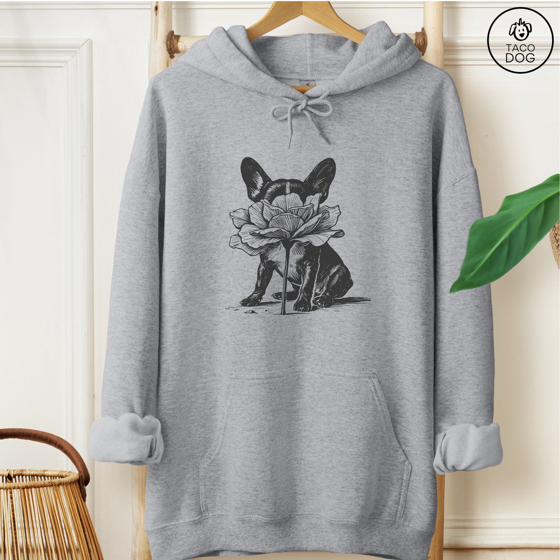 French Bulldog Frenchie Smell the Flowers Hoodie Graphite Heather Taco-Dog