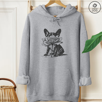 French Bulldog Frenchie Smell the Flowers Hoodie Graphite Heather Taco-Dog