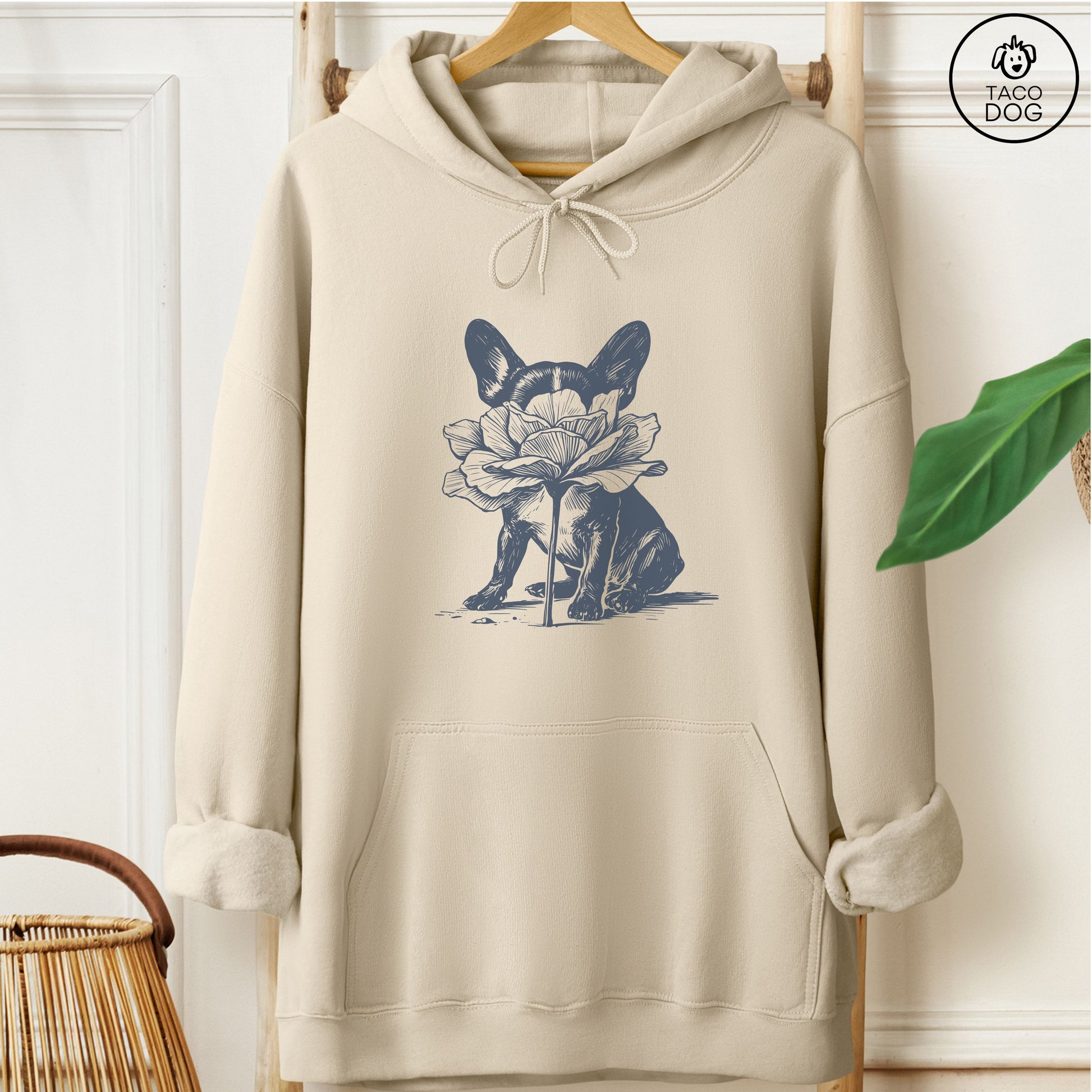 French Bulldog Frenchie Smell the Flowers Hoodie Sand Taco-Dog