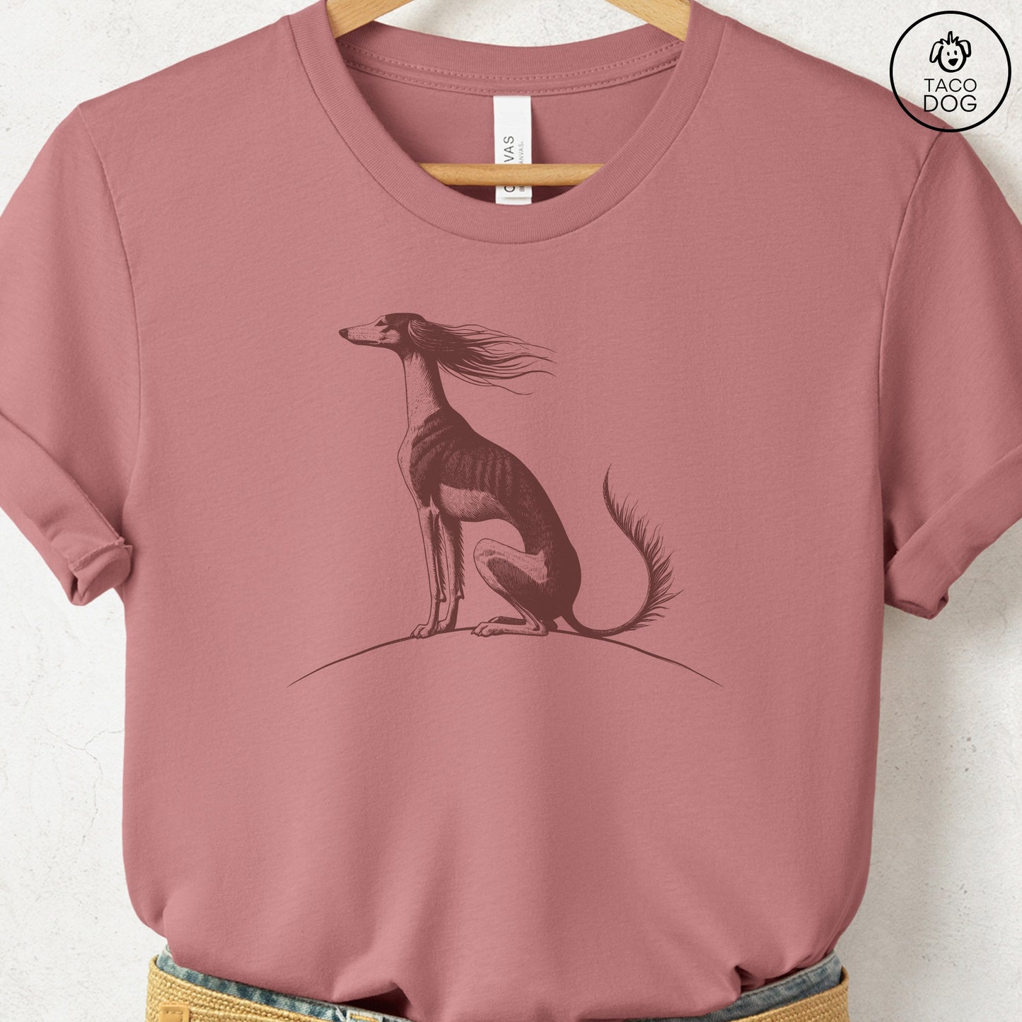 Saluki Tail Wind T-Shirt Heather Mauve Taco-Dog
