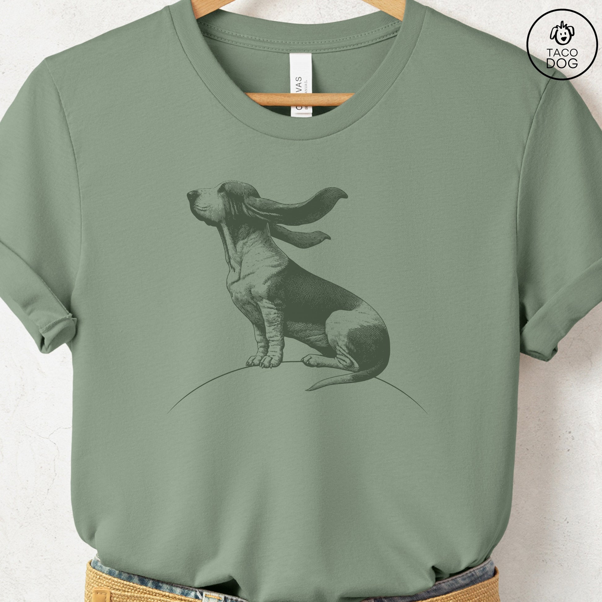 Basset Hound Tail Wind T-Shirt Sage Taco-Dog