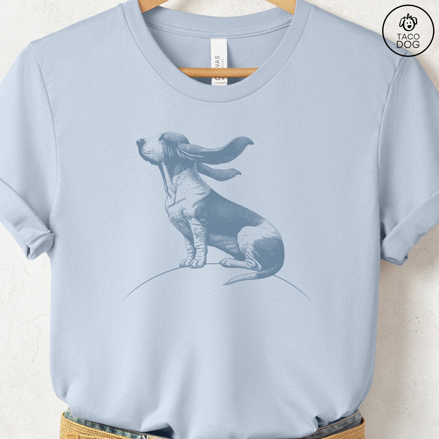 Basset Hound Tail Wind T-Shirt Light Blue Taco-Dog