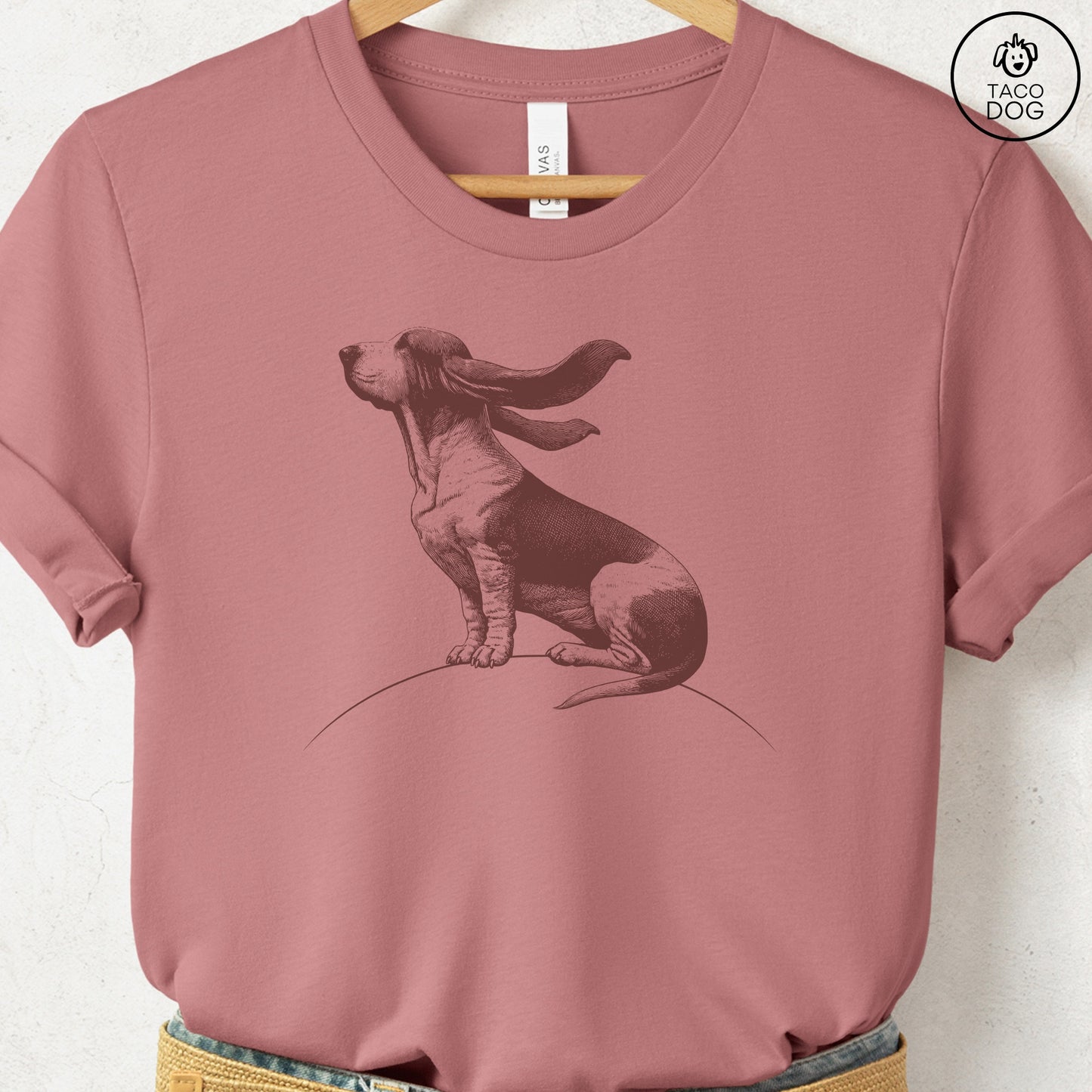 Basset Hound Tail Wind T-Shirt Heather Mauve Taco-Dog