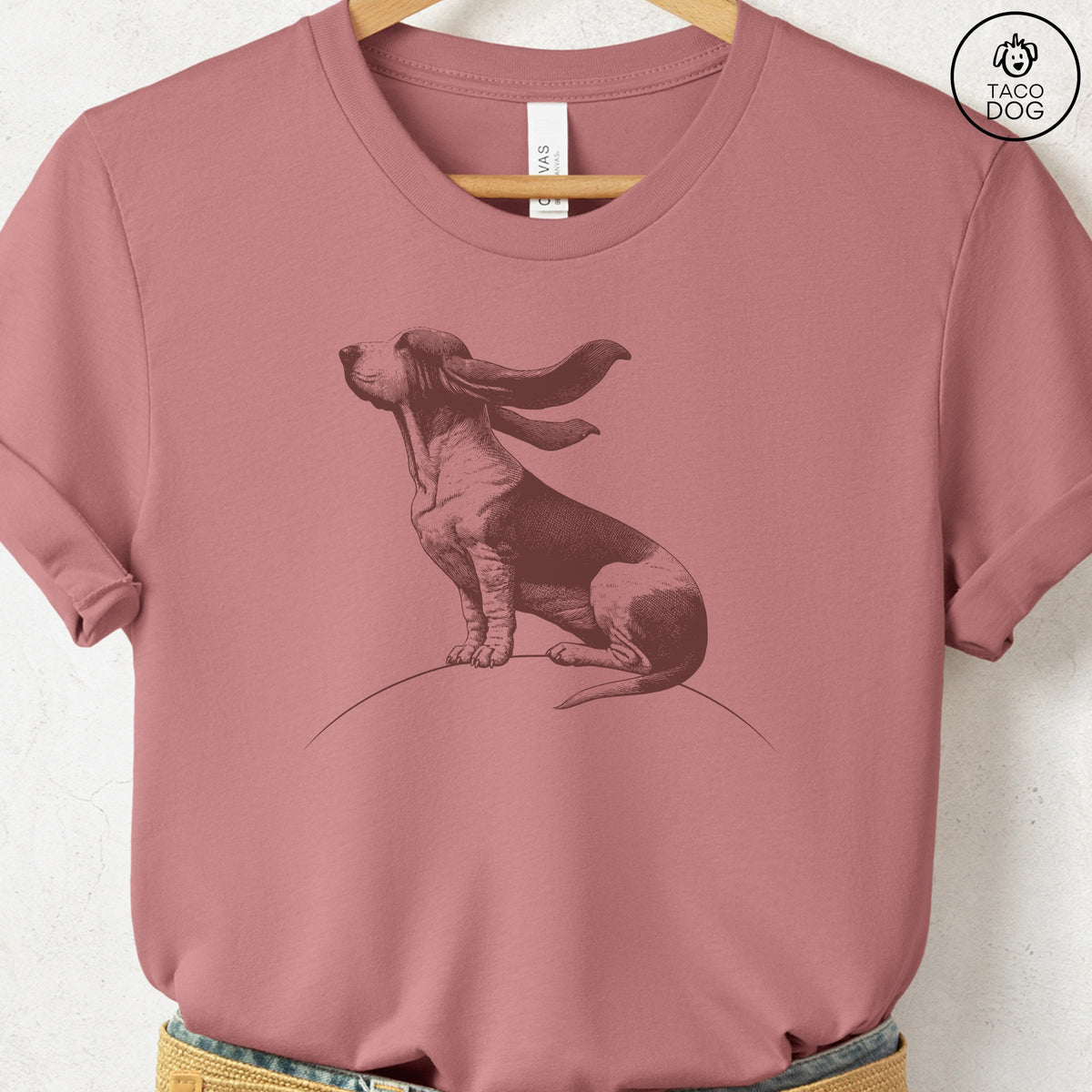 Basset Hound Tail Wind T-Shirt, design close-up