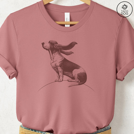 Basset Hound Tail Wind T-Shirt Heather Mauve Taco-Dog
