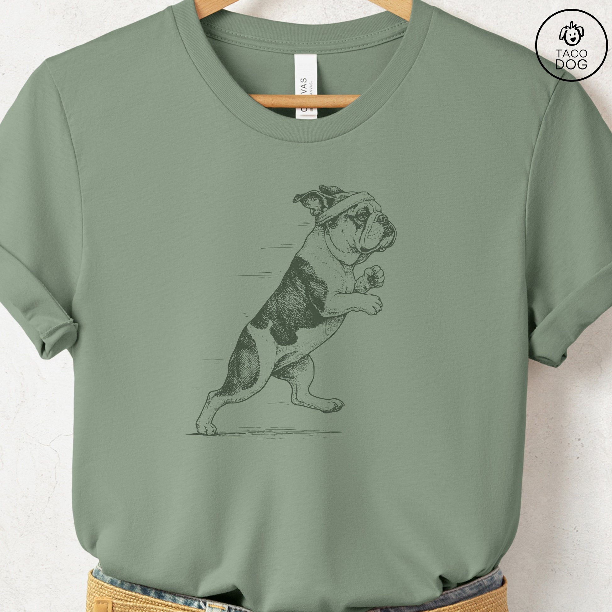 English Bulldog Jogging Runner T-Shirt Sage Taco-Dog