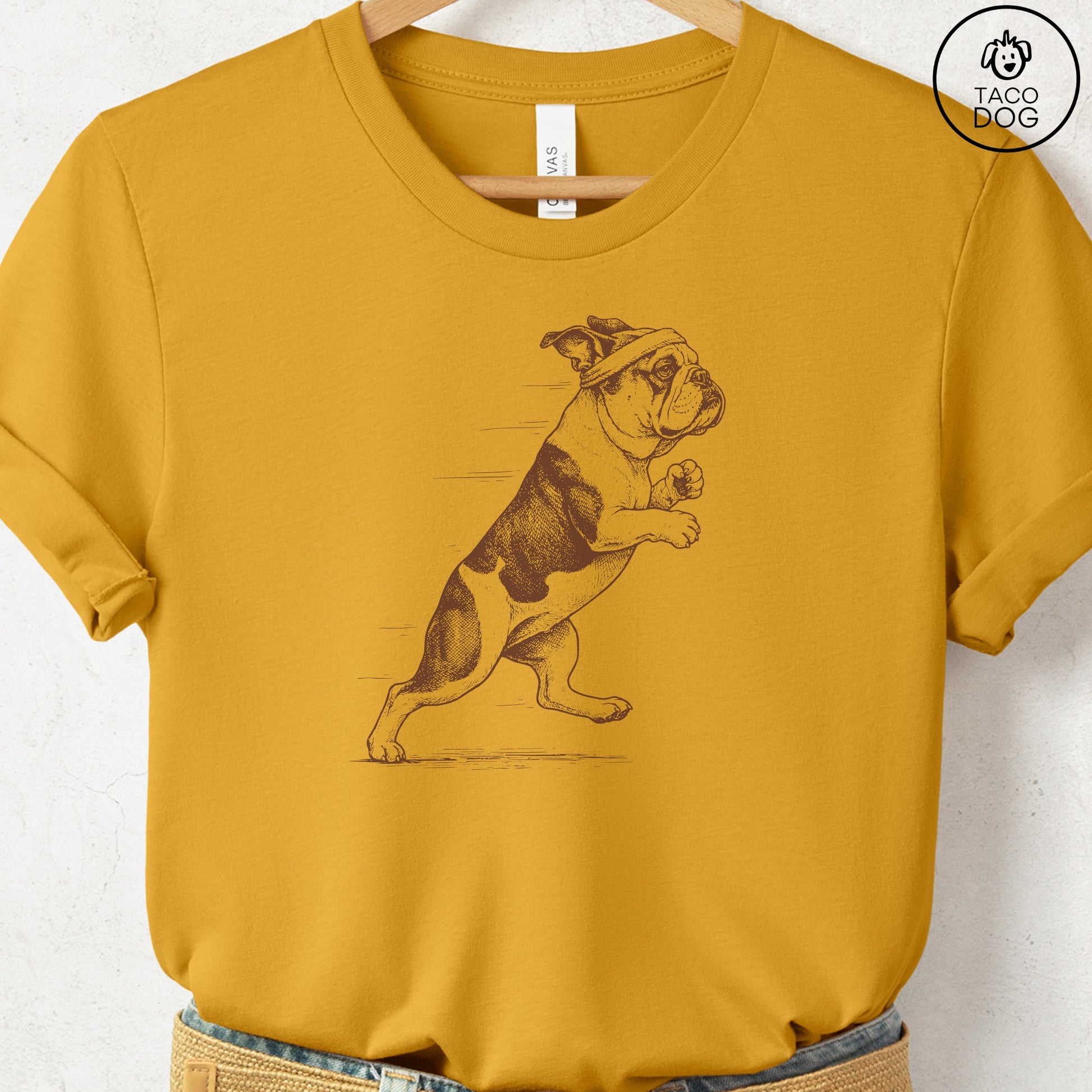 English Bulldog Jogging Runner T-Shirt Mustard Taco-Dog