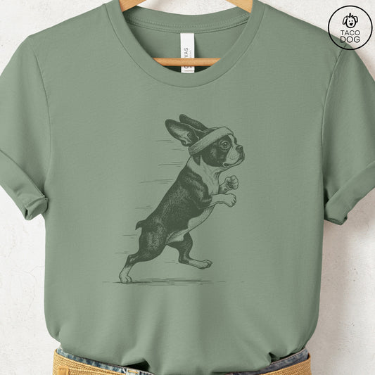 Boston Terrier Jogging Runner T-Shirt Sage