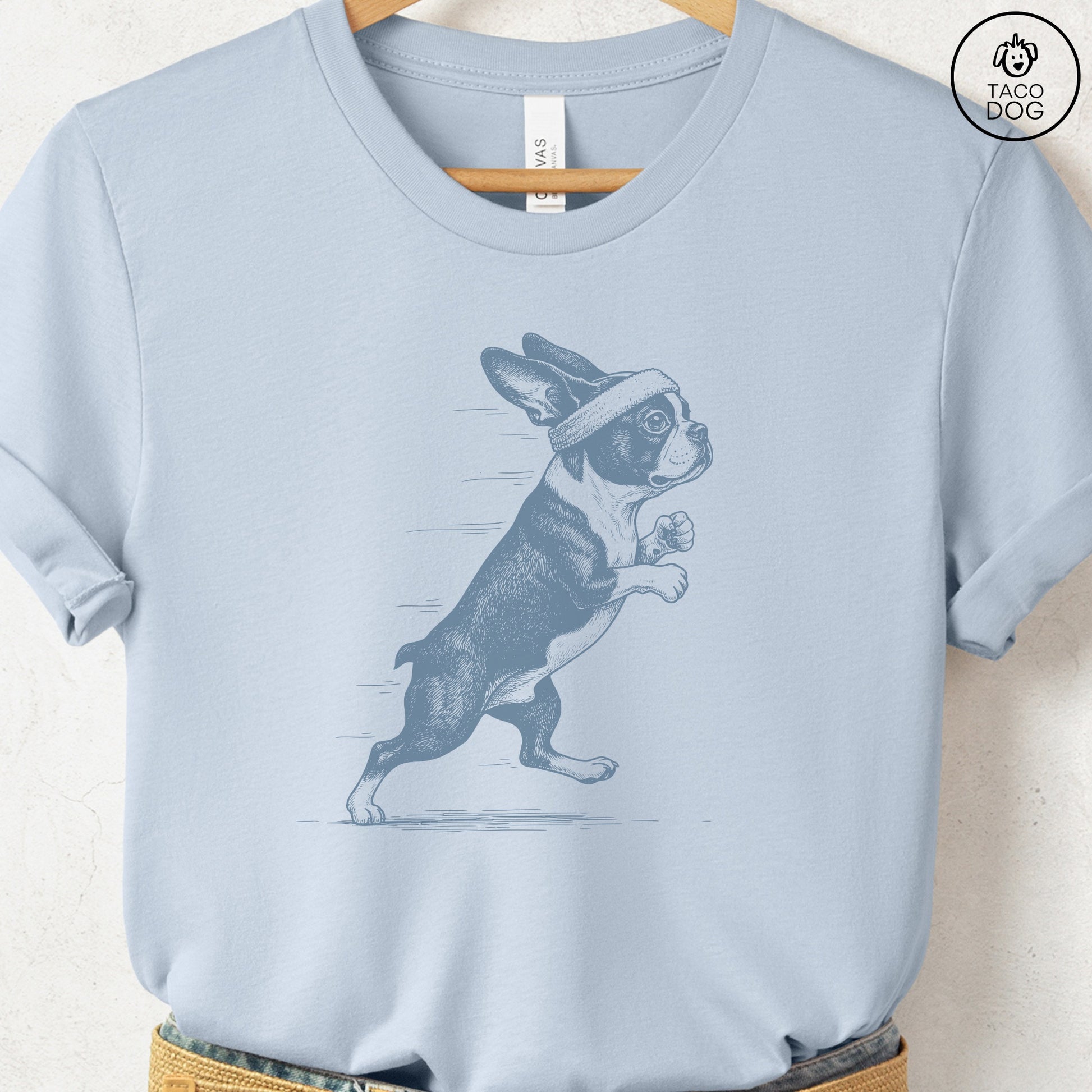 Boston Terrier Jogging Runner T-Shirt Light Blue Taco-Dog