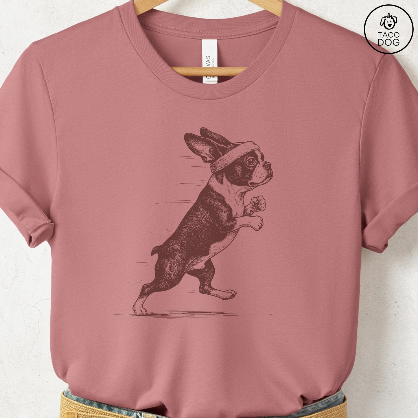 Boston Terrier Jogging Runner T-Shirt Heather Mauve Taco-Dog