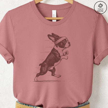 Boston Terrier Jogging Runner T-Shirt Heather Mauve Taco-Dog