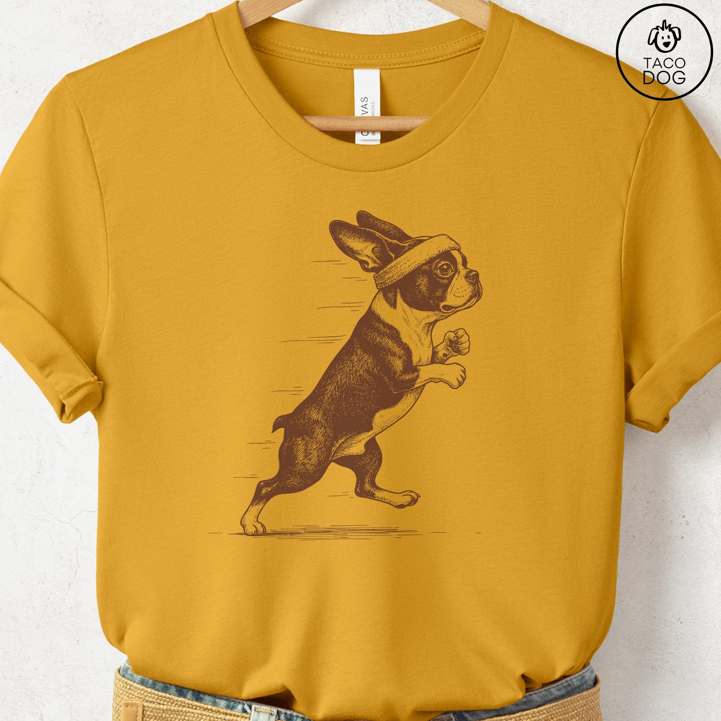 Boston Terrier Jogging Runner T-Shirt Mustard Taco-Dog