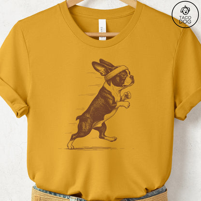 Boston Terrier Jogging Runner T-Shirt Mustard Taco-Dog