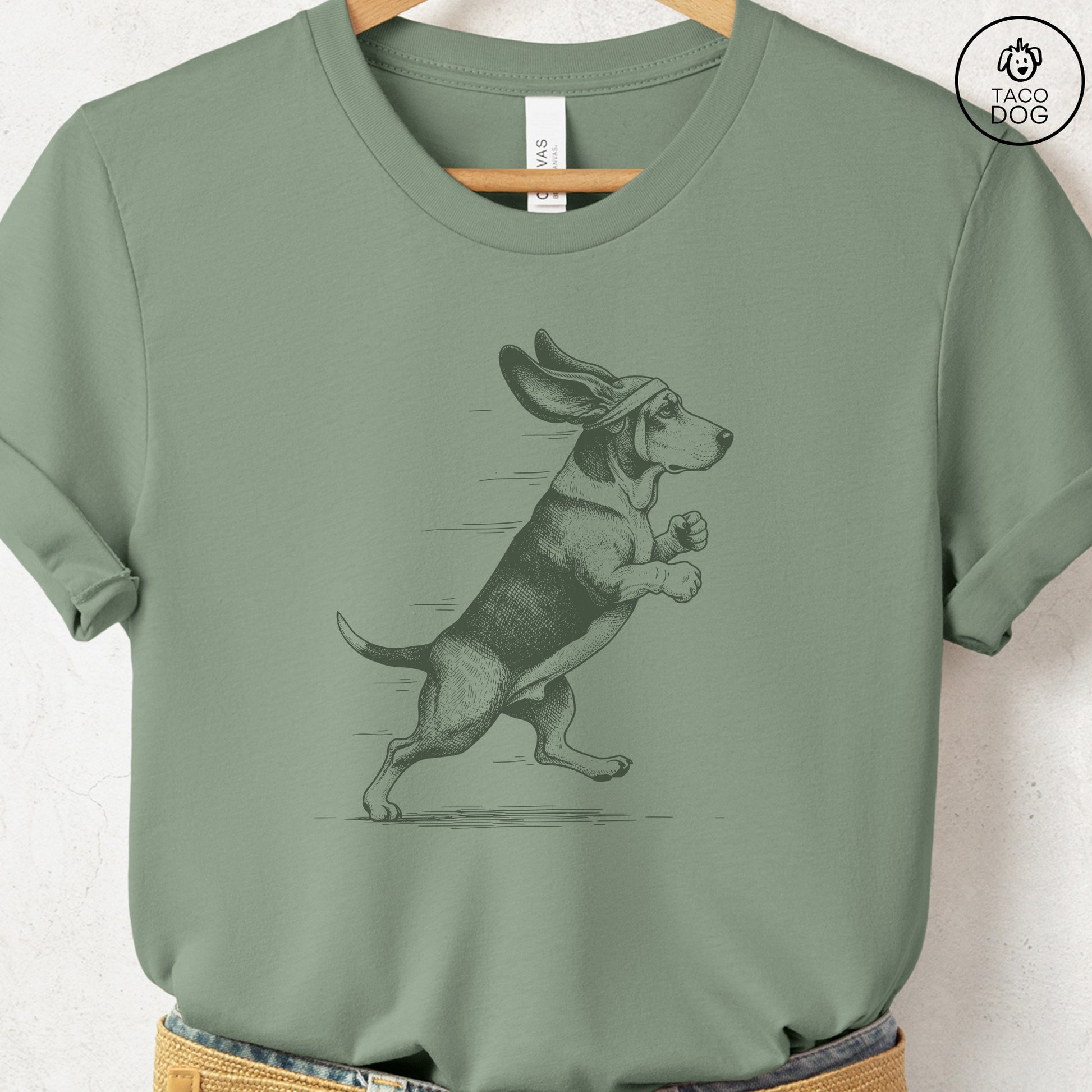Basset Hound Jogging Runner T-Shirt Sage Taco-Dog