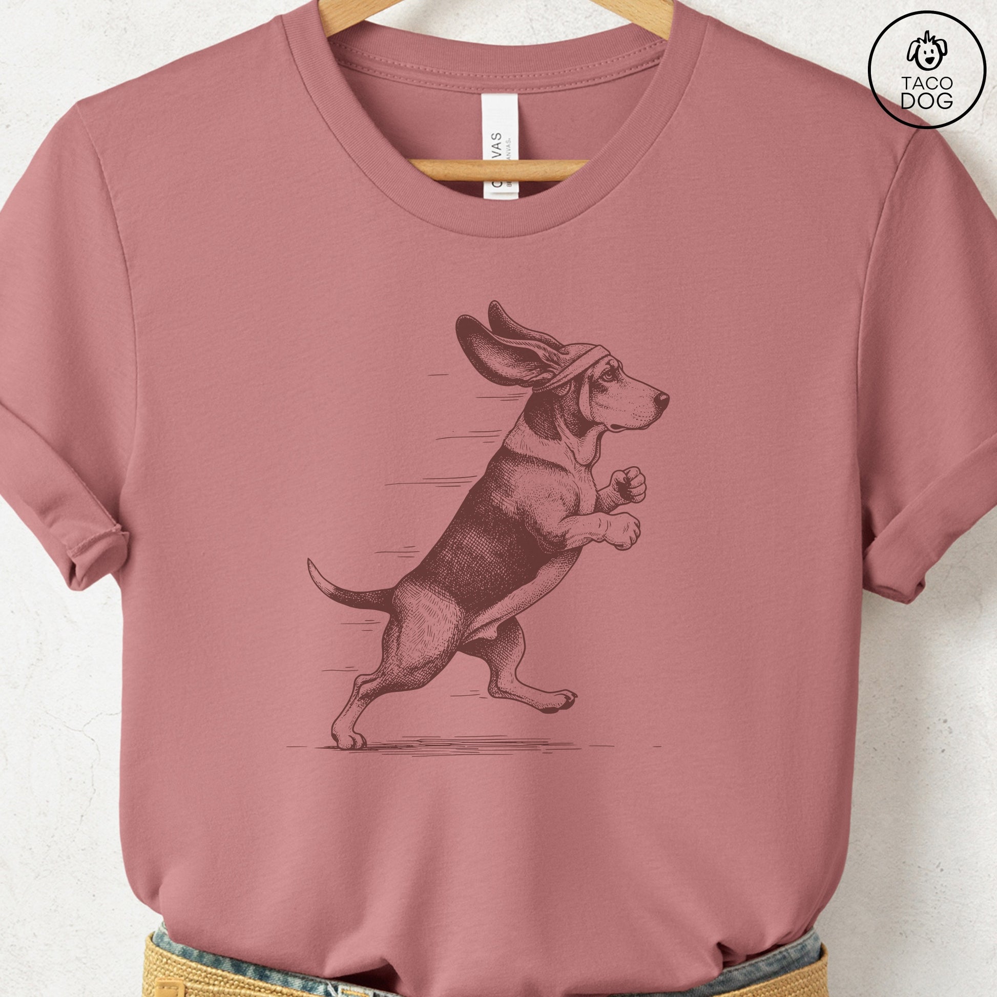 Basset Hound Jogging Runner T-Shirt Heather Mauve Taco-Dog