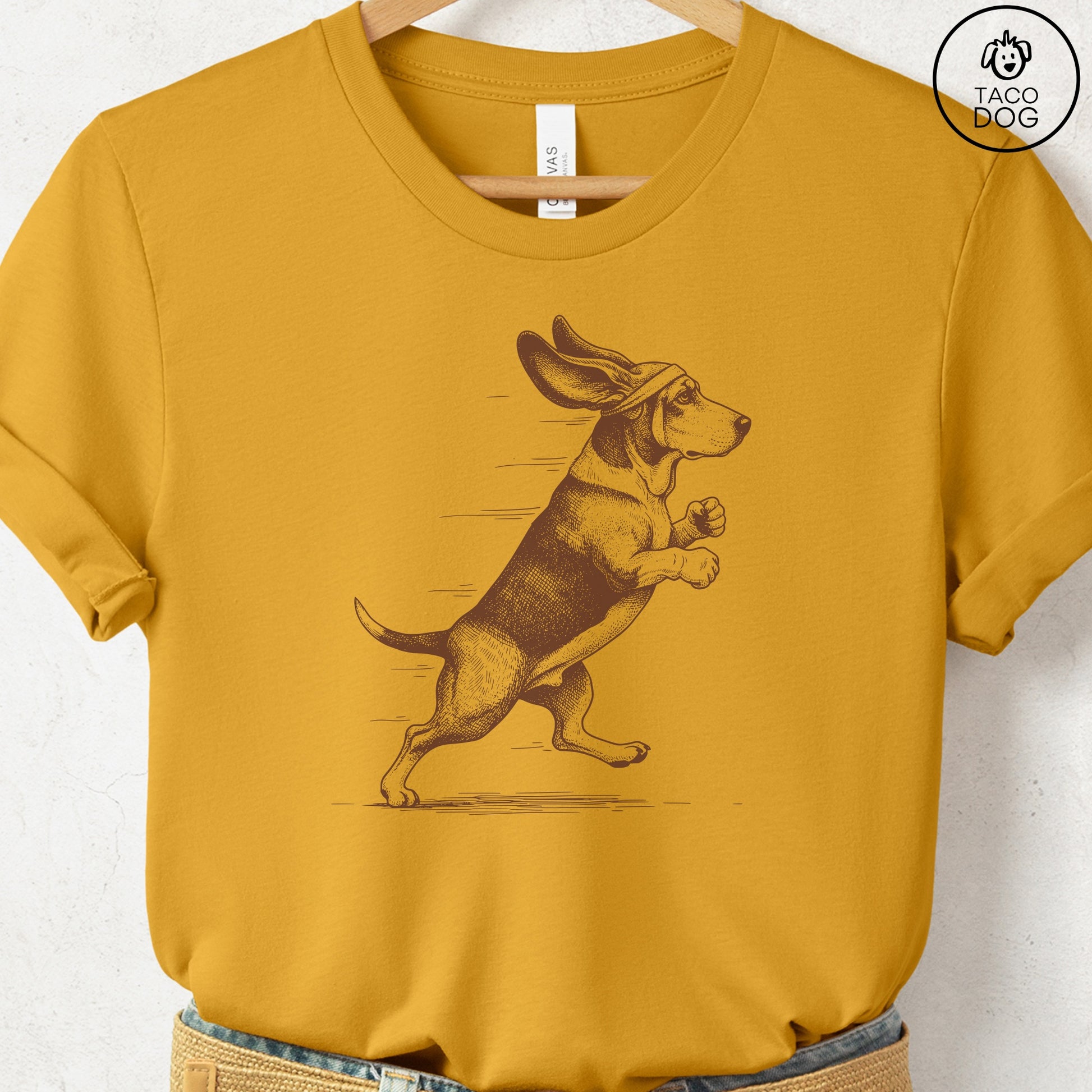 Basset Hound Jogging Runner T-Shirt Mustard Taco-Dog