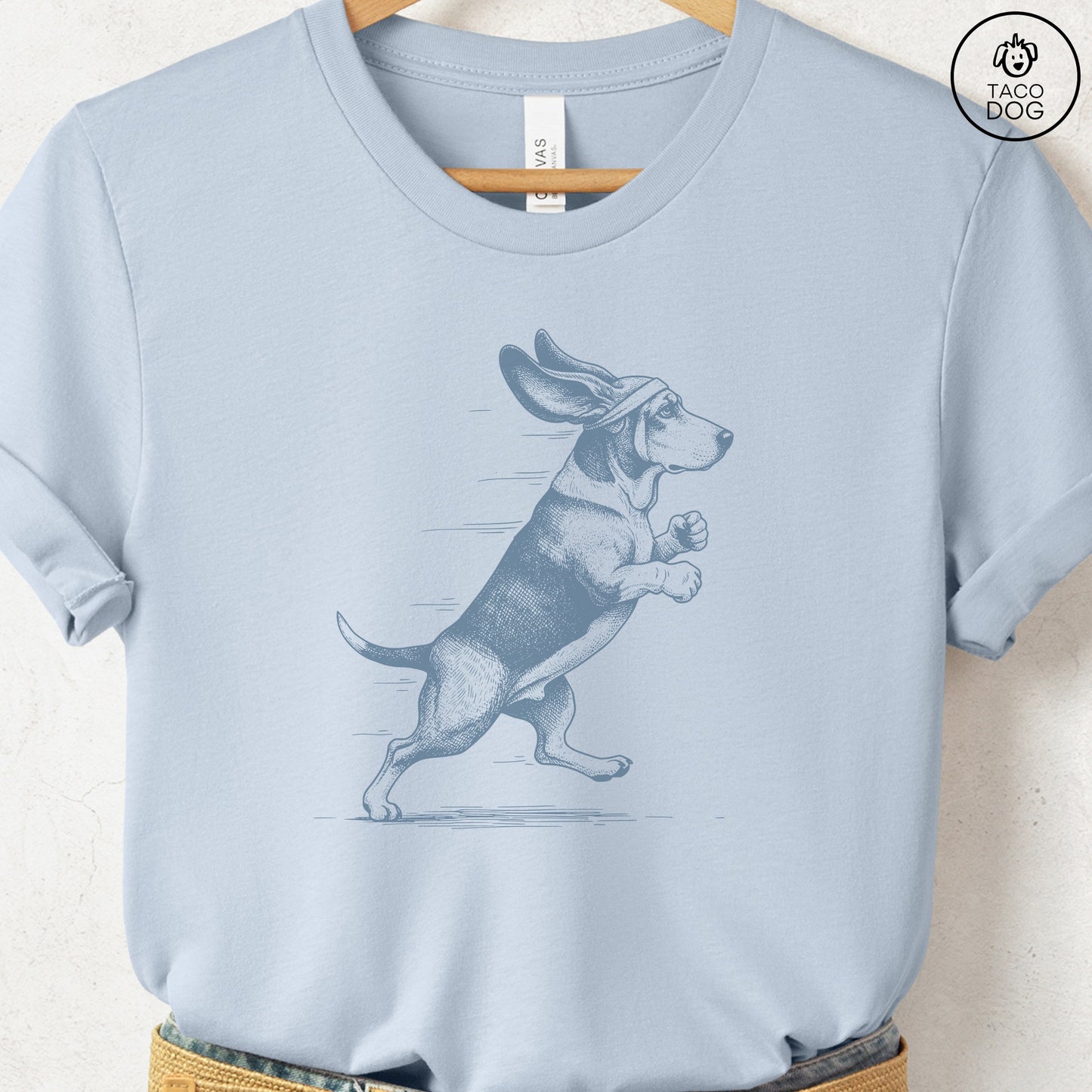 Basset Hound Jogging Runner T-Shirt Light Blue Taco-Dog