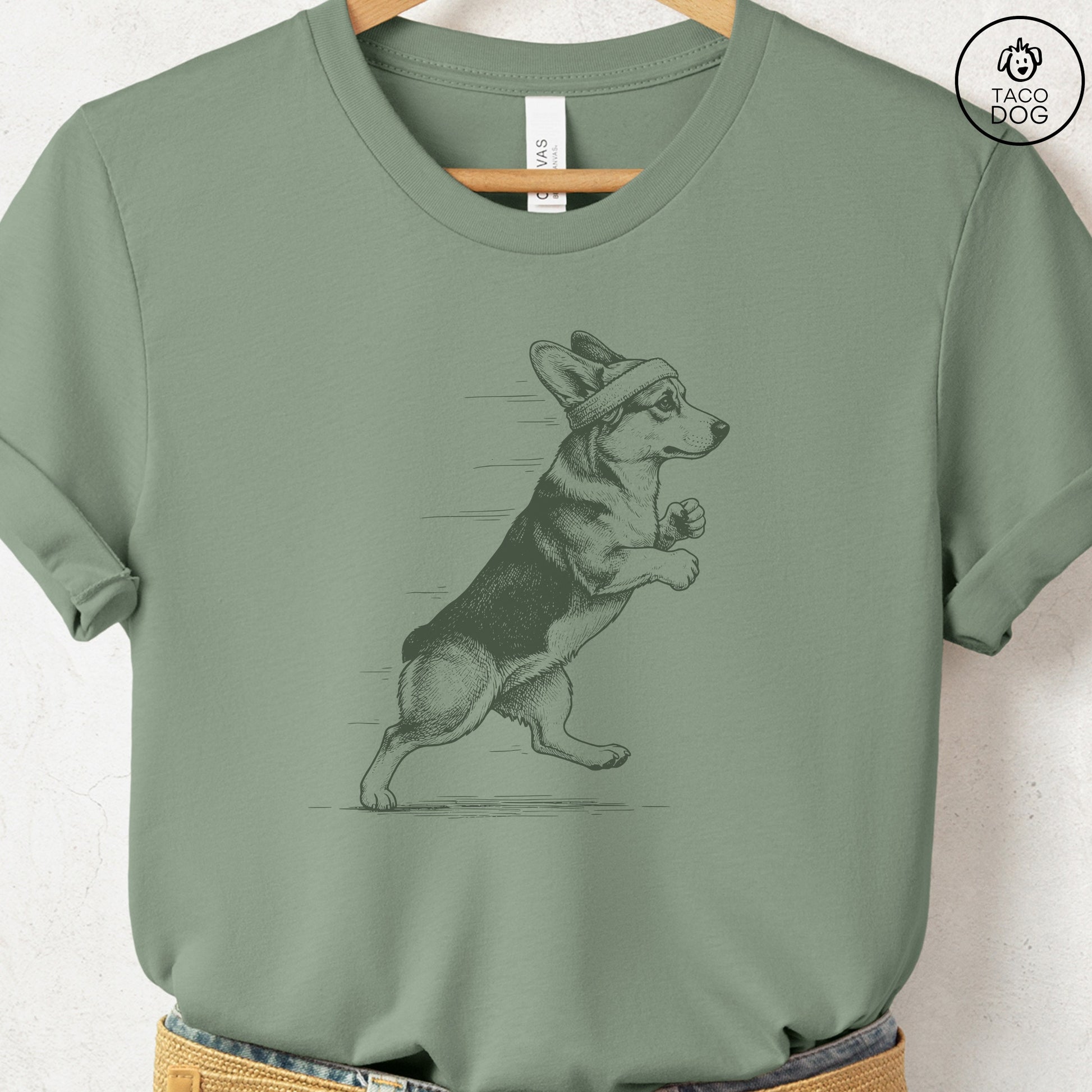 Corgi Jogging Runner T-Shirt Sage