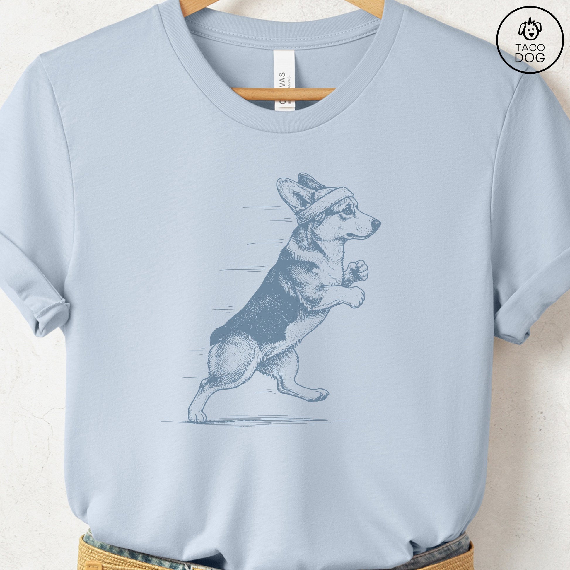 Corgi Jogging Runner T-Shirt Light Blue