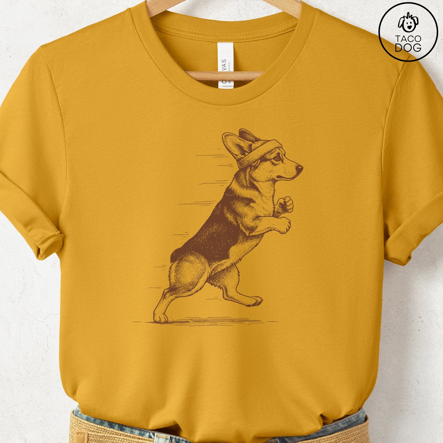 Corgi Jogging Runner T-Shirt Mustard