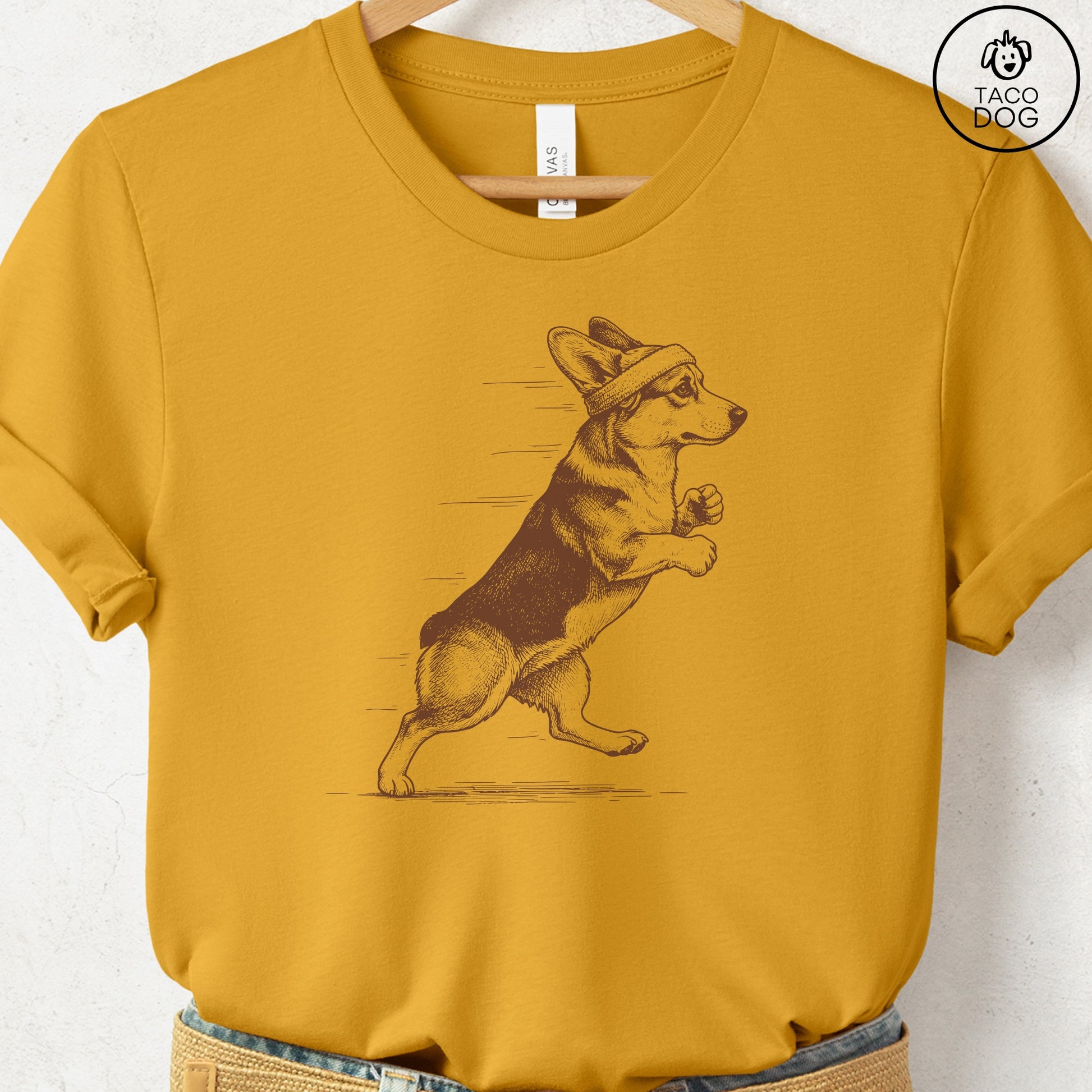 Corgi Jogging Runner T-Shirt Mustard