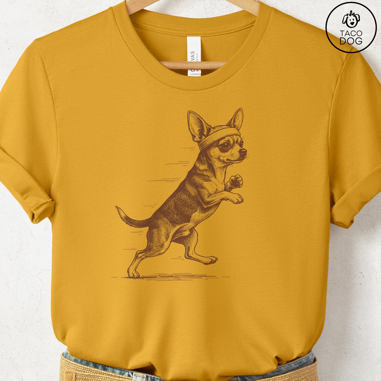 Chihuahua Jogging Runner T-Shirt Mustard Taco-Dog