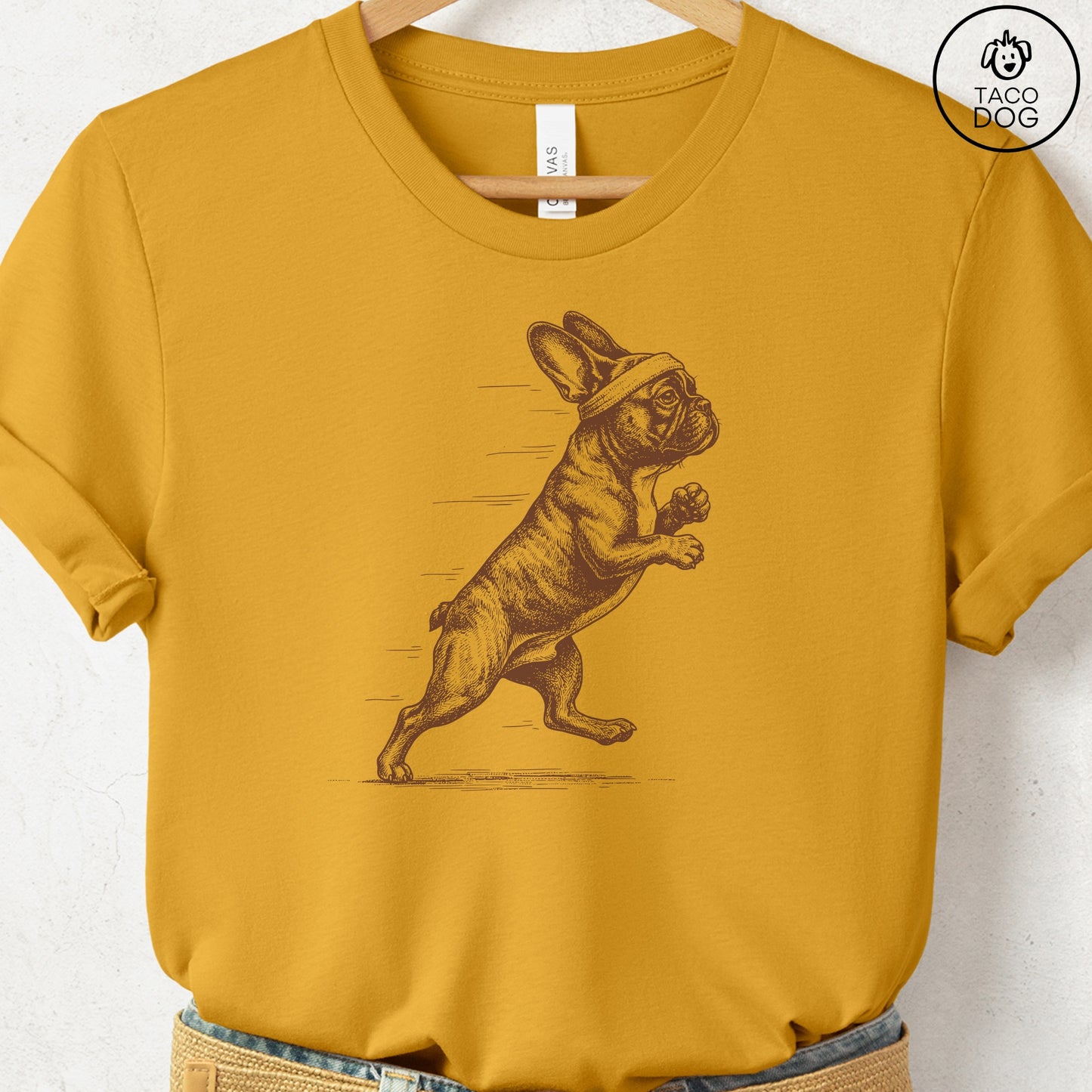French Bulldog Frenchie Jogging Runner T-Shirt Mustard Taco-Dog
