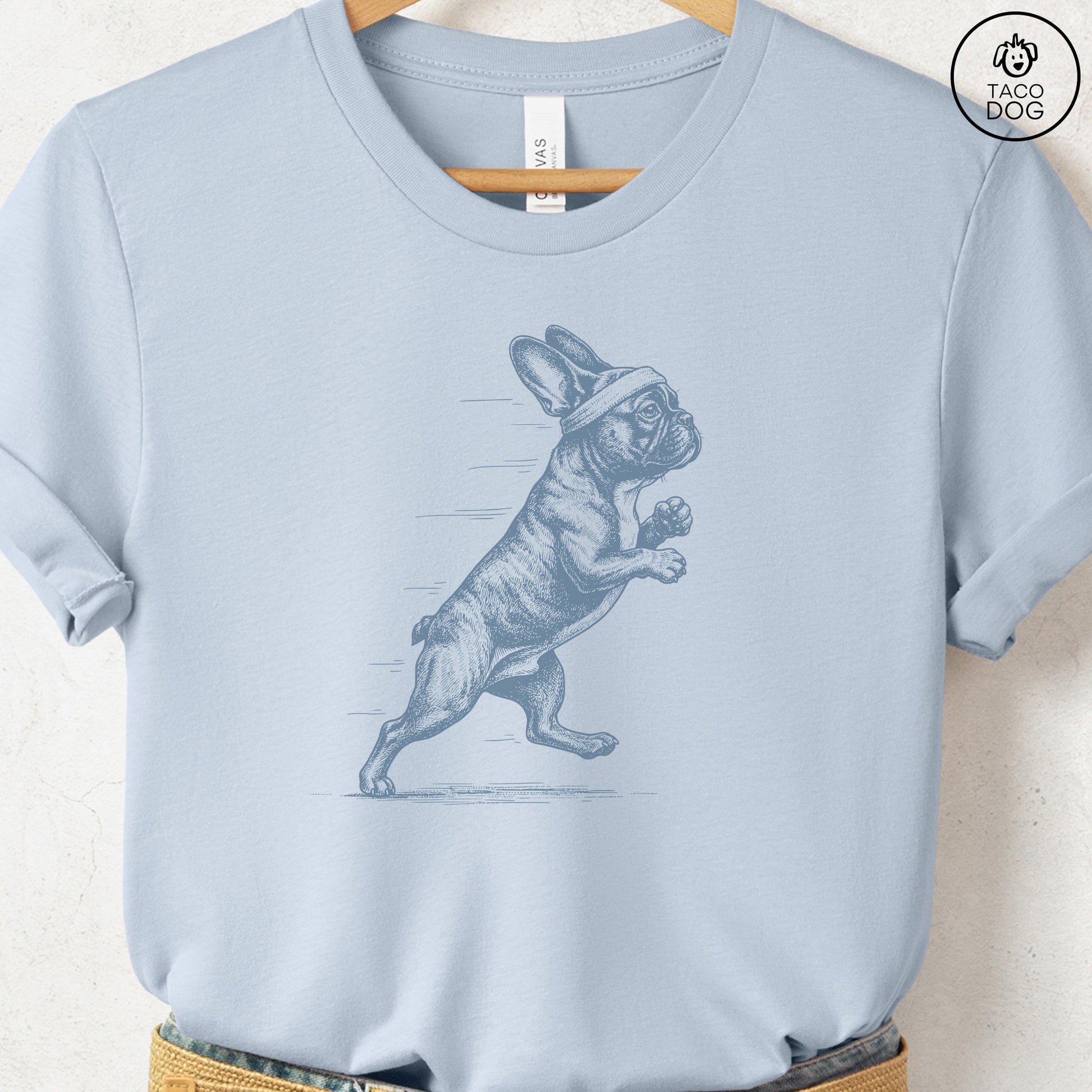 French Bulldog Frenchie Jogging Runner T-Shirt Light Blue Taco-Dog