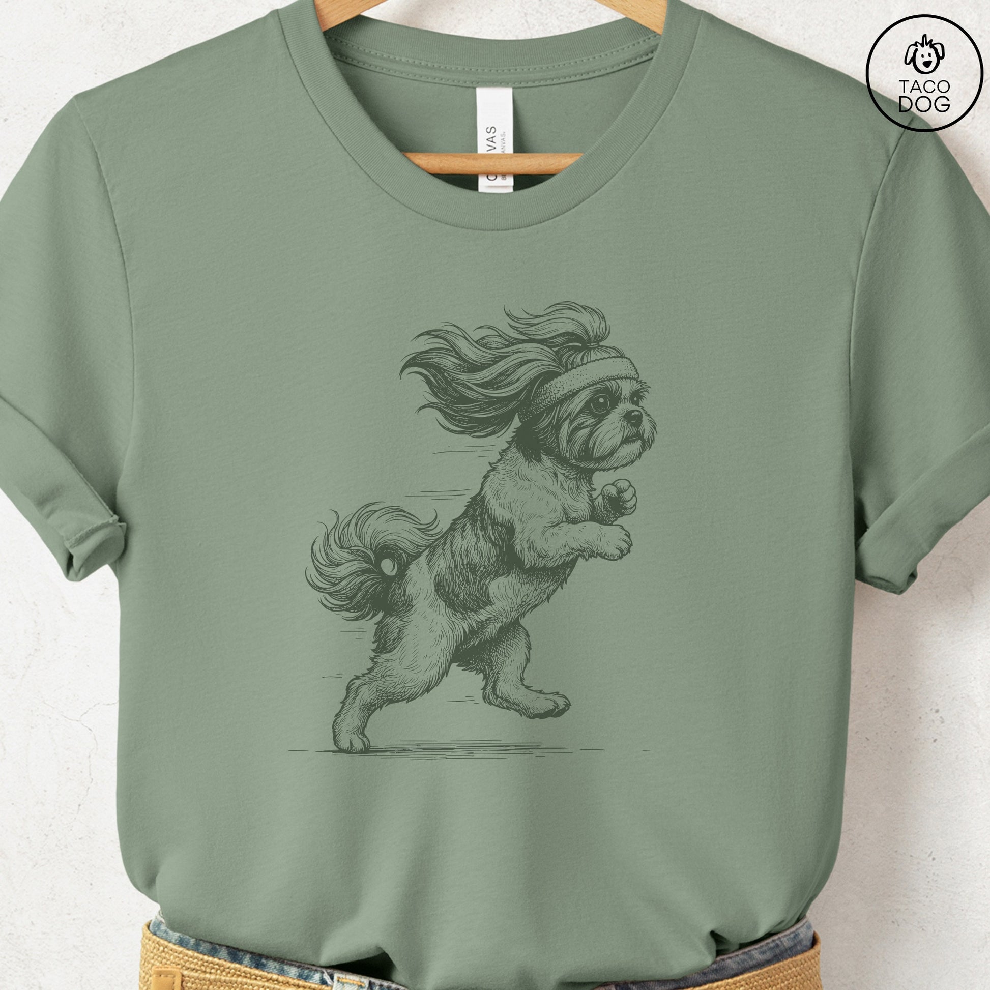 Shih Tzu Jogging Runner T-Shirt Sage Taco-Dog