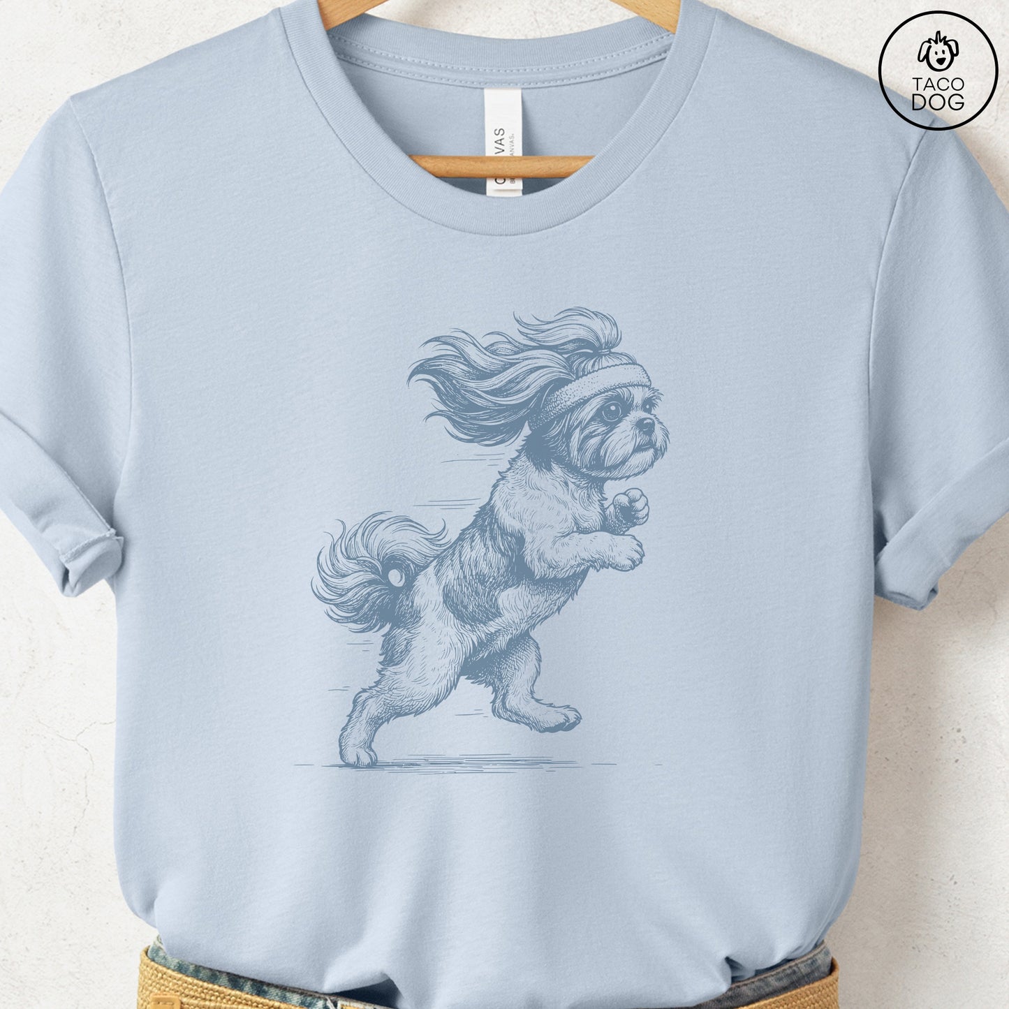 Shih Tzu Jogging Runner T-Shirt Light Blue Taco-Dog