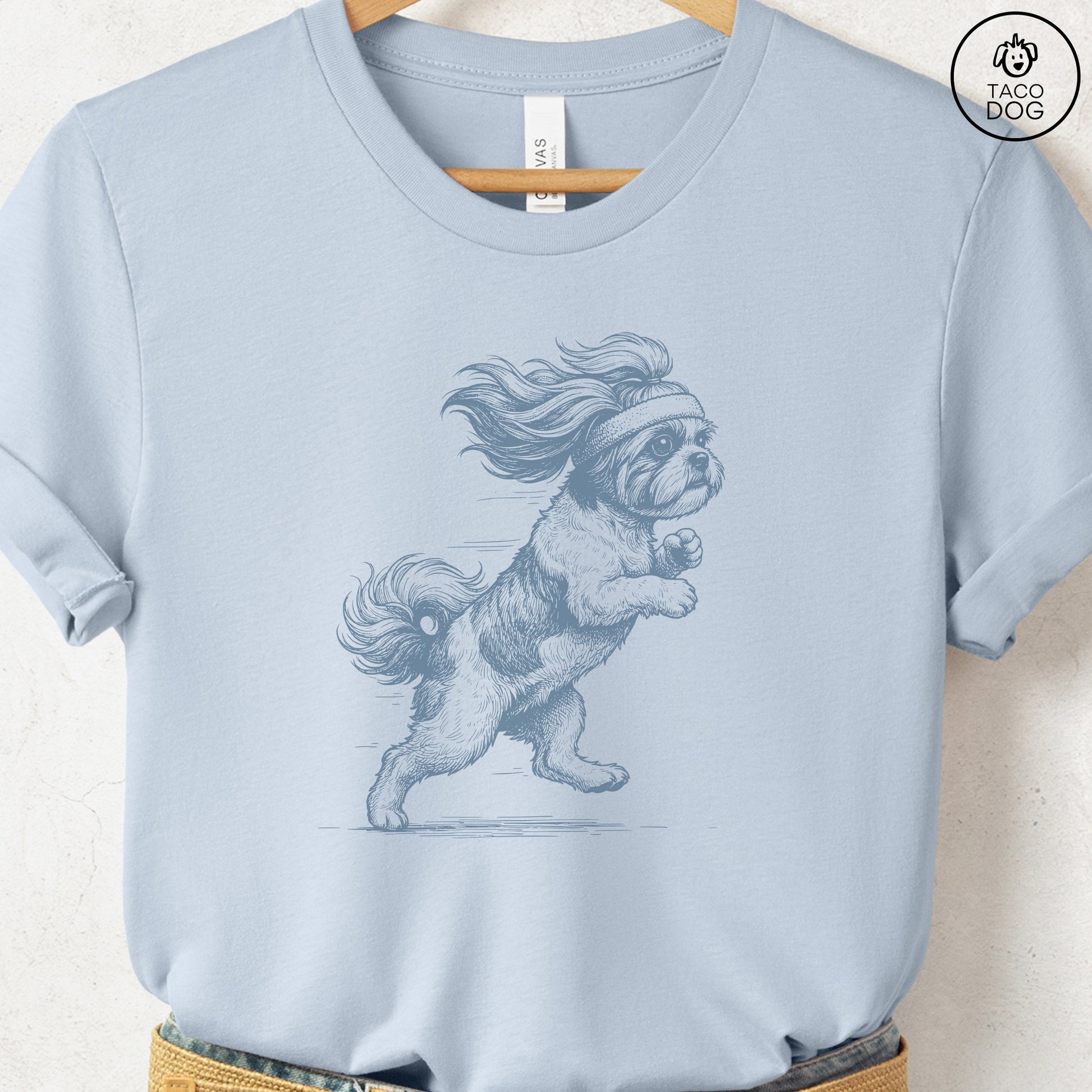 Shih Tzu Jogging Runner T-Shirt Light Blue Taco-Dog
