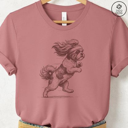 Shih Tzu Jogging Runner T-Shirt Heather Mauve Taco-Dog