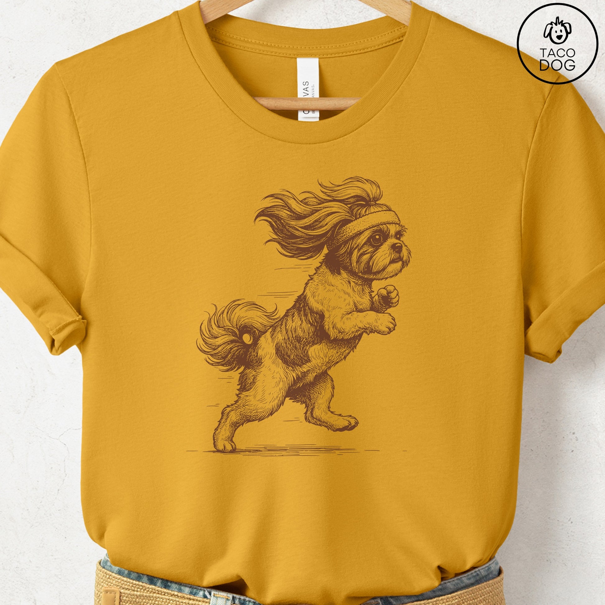 Shih Tzu Jogging Runner T-Shirt Mustard Taco-Dog