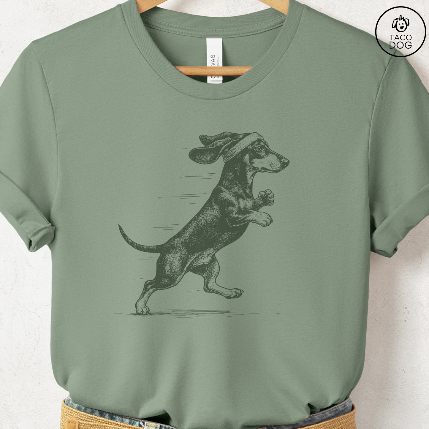 Dachshund Weenie Jogging Runner T-Shirt Sage Taco-Dog