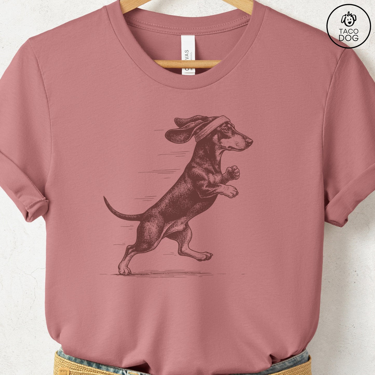 Dachshund Weenie Jogging Runner T-Shirt Heather Mauve Taco-Dog