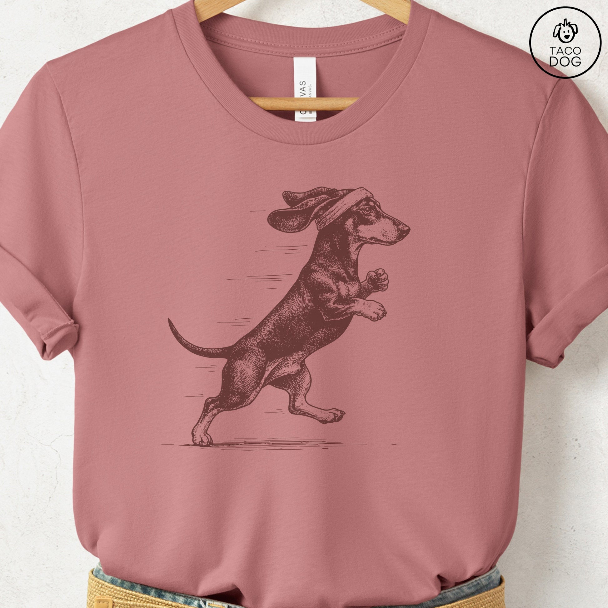 Dachshund Weenie Jogging Runner T-Shirt Heather Mauve Taco-Dog