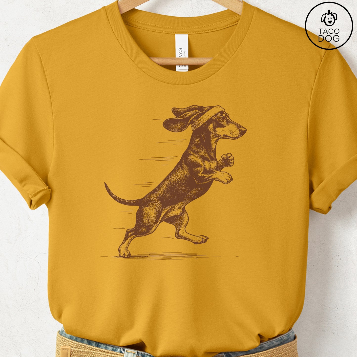 Dachshund Weenie Jogging Runner T-Shirt Mustard Taco-Dog