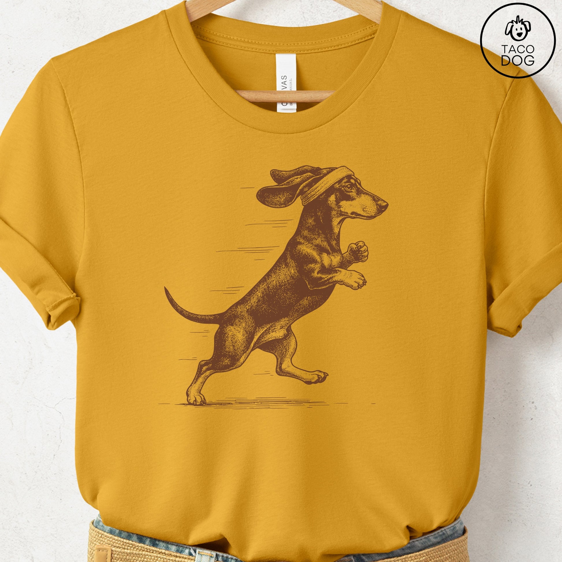 Dachshund Weenie Jogging Runner T-Shirt Mustard Taco-Dog