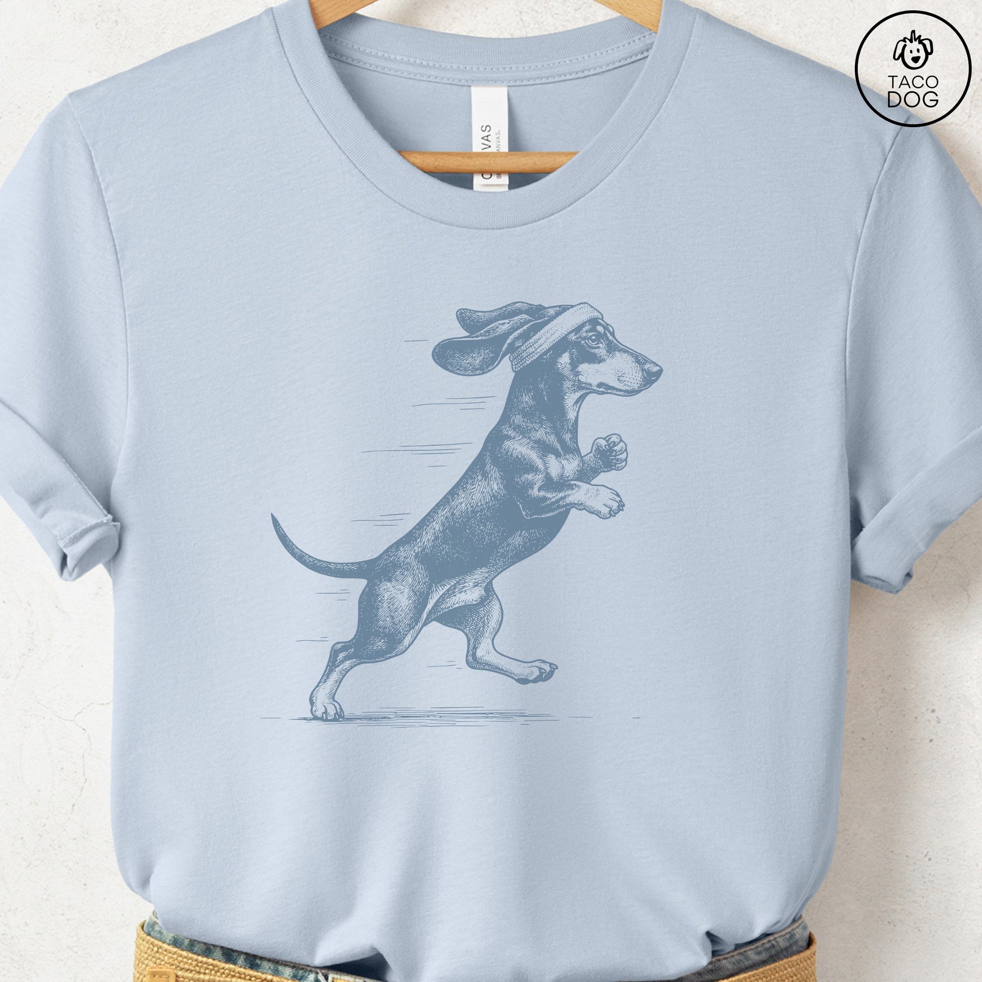 Dachshund Weenie Jogging Runner T-Shirt Light Blue Taco-Dog