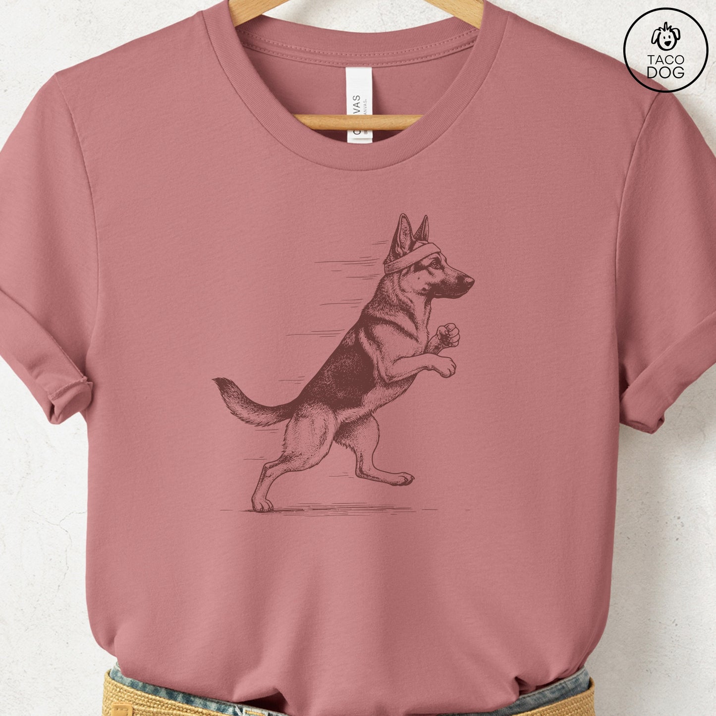 German Shepherd Jogging Runner T-Shirt Heather Mauve Taco-Dog