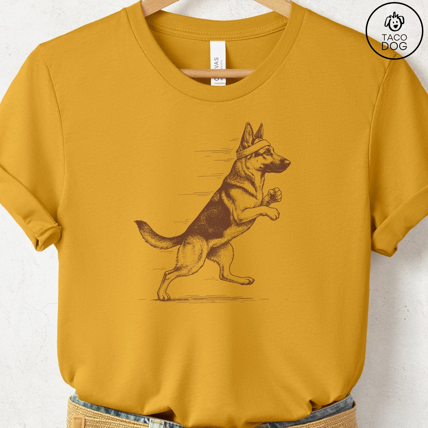 German Shepherd Jogging Runner T-Shirt Mustard Taco-Dog